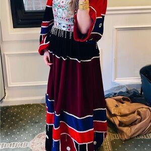 Blue and Black Ruffled Long Sleeve Bell Dress